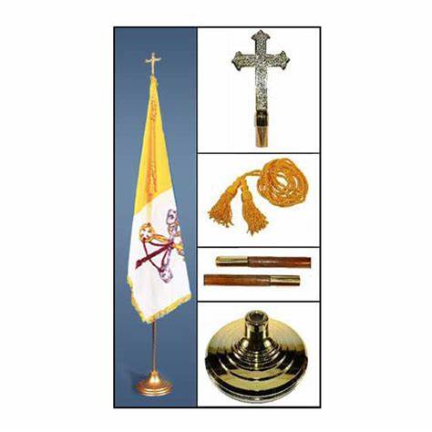 Papal Flag with Pole, Stand, Gold Tassel, Gold Cross